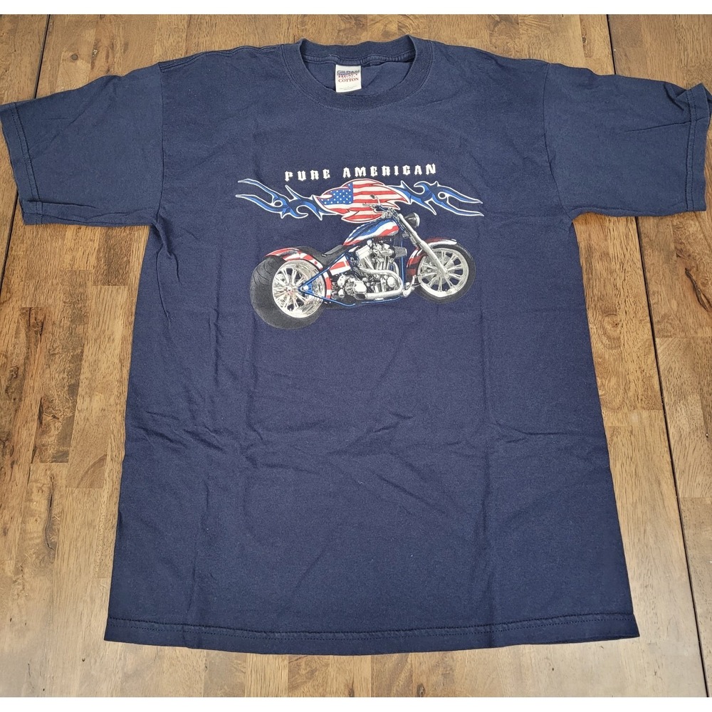 Vintage Y2K Pure American Motorcycle T Shirt Lg Navy Blue Chopper Biker Graphic